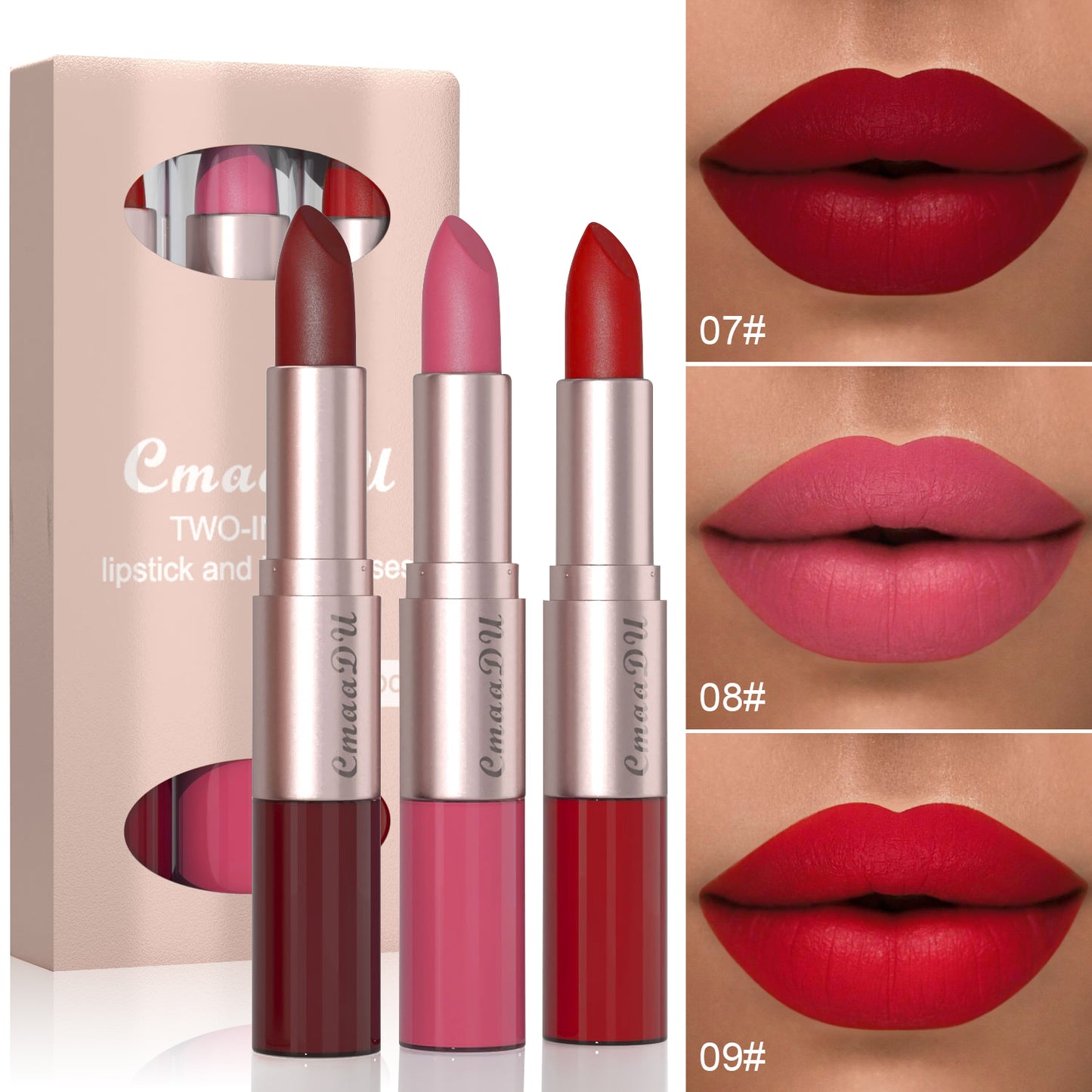 2-in-1 Lipstick and Lip Gloss Set: 3 Colors, Natural Matte Velvet Finish, Double Headed Dual Use, Long Lasting and Waterproof