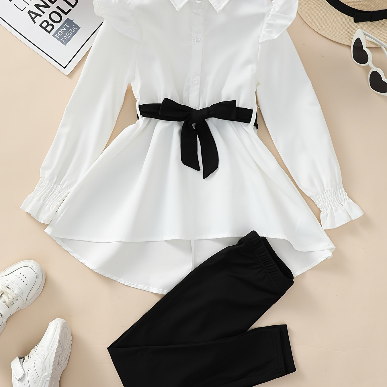 Cute Casual Elegant Shirt Dress with Belt & Leggings Set