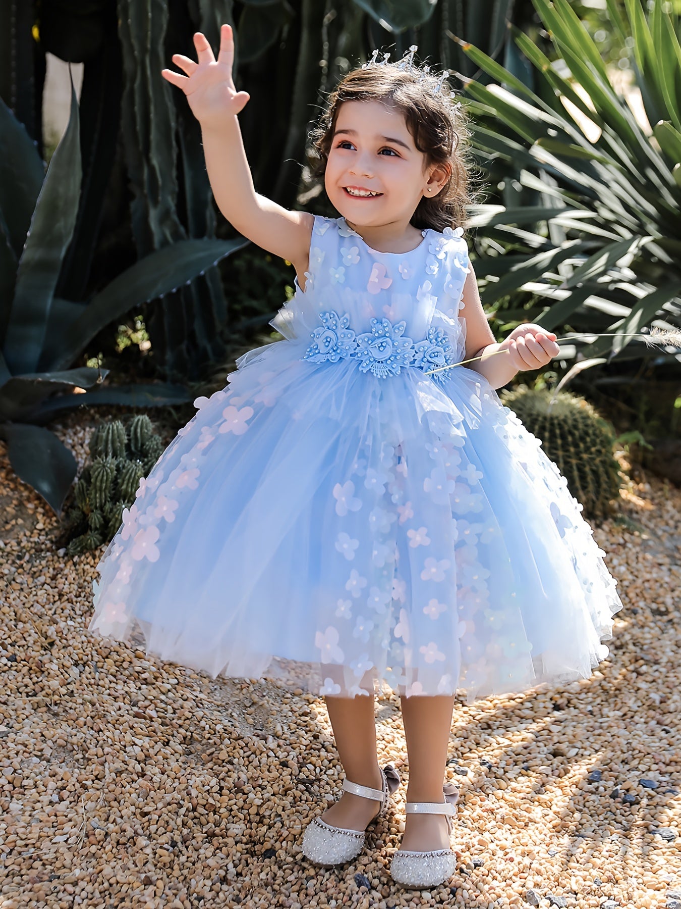 Girls Elegant Butterfly Decor Sleeveless Mesh Princess Dress