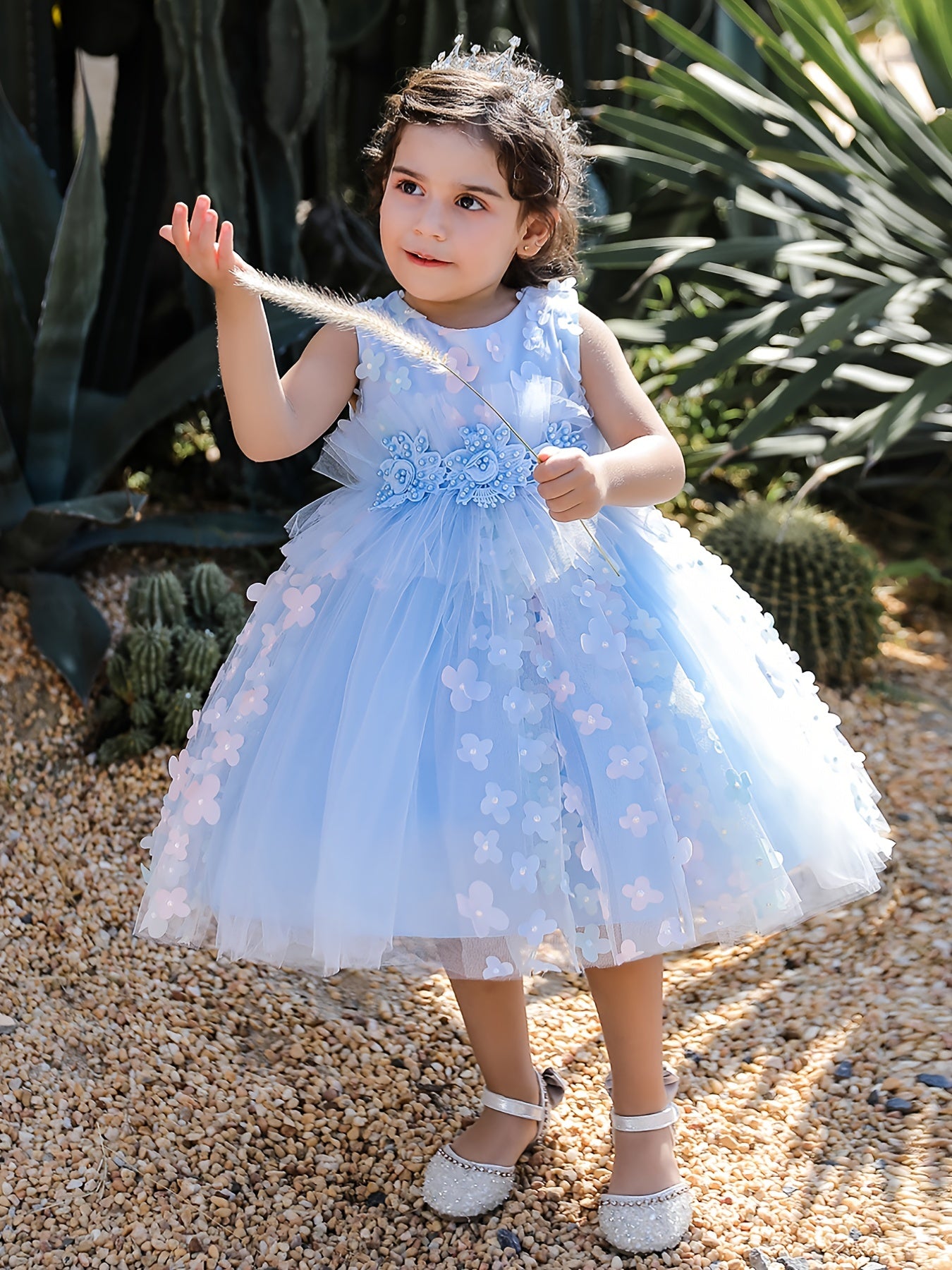 Girls Elegant Butterfly Decor Sleeveless Mesh Princess Dress