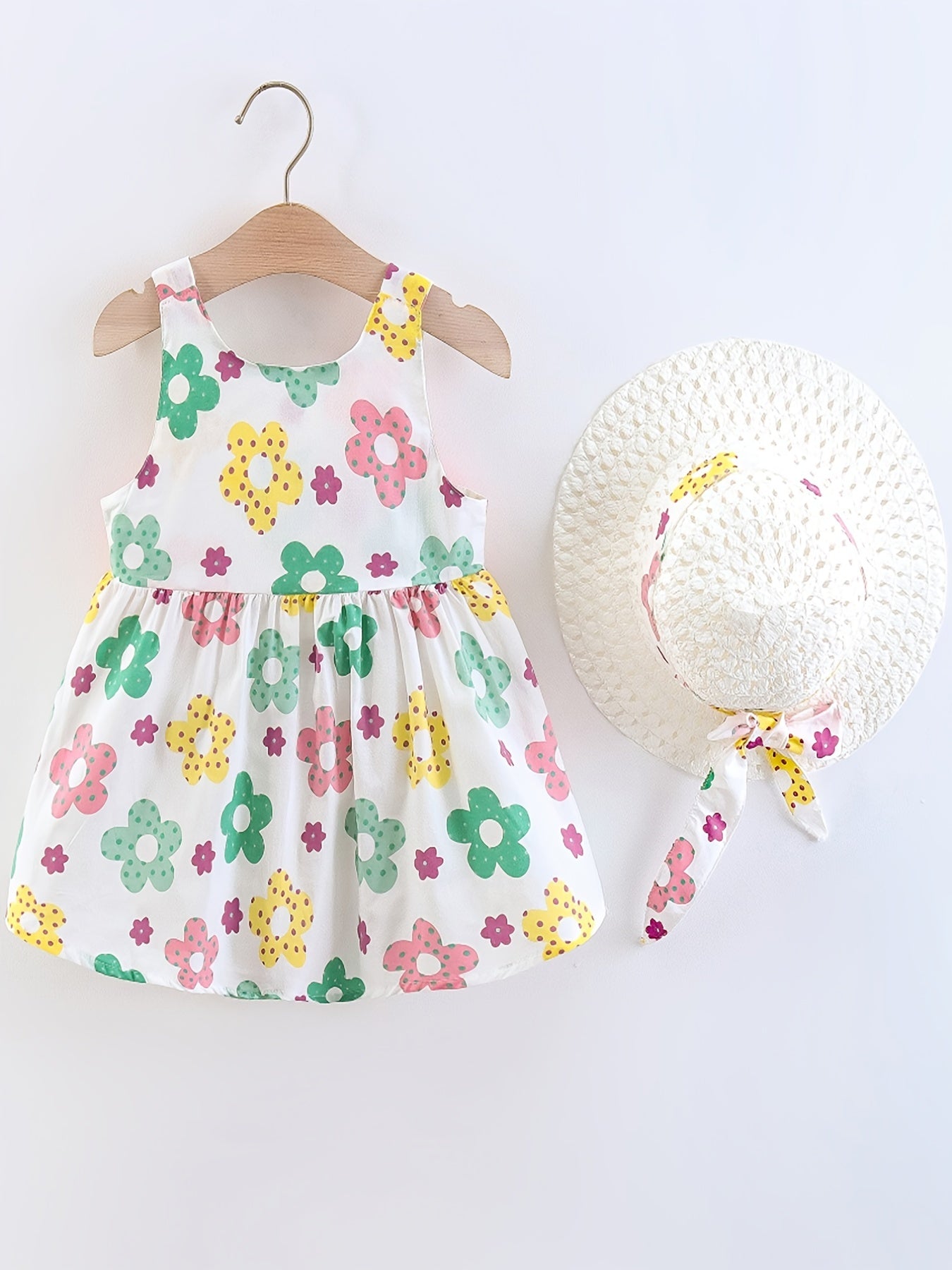 Infant Little Girls Sleeveless Princess Dress + Hat Set with Big Bowknot Design