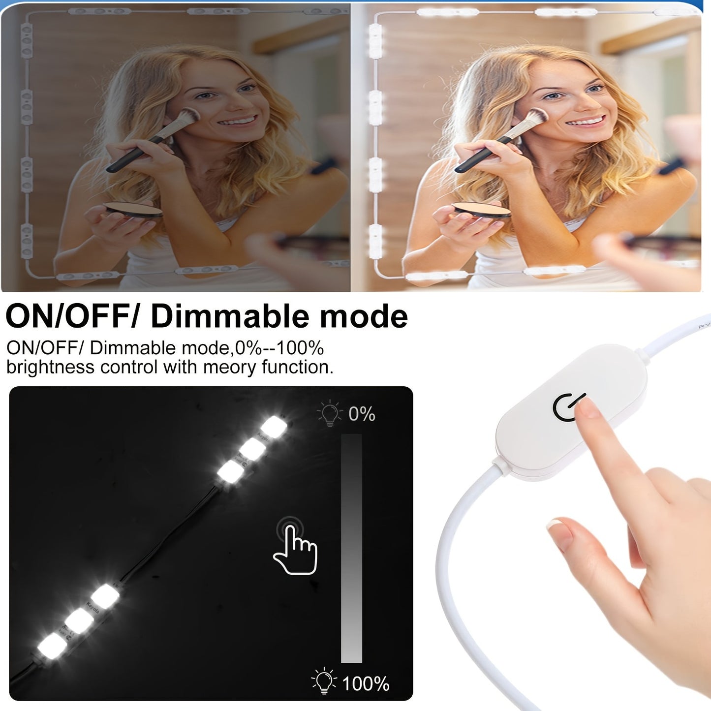 Bright White LED Mirror Lights Set - 10ft Vanity Makeup Strip Lights with Dimmable Touch Control
