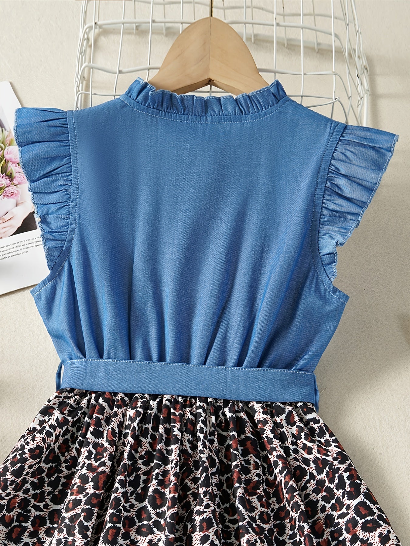 Sleeveless Ruffle Denim Leopard Print Splicing Princess Dress