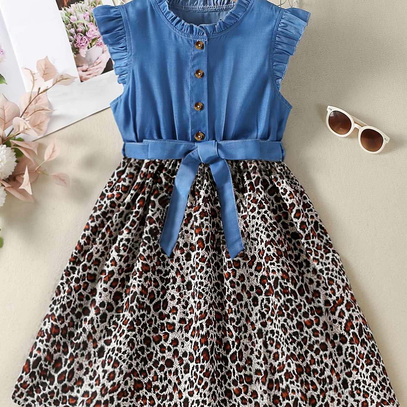 Sleeveless Ruffle Denim Leopard Print Splicing Princess Dress