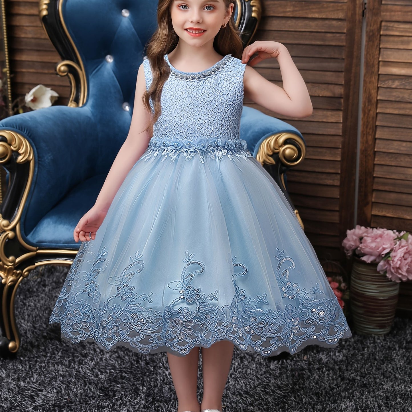 Girls Princess Sleeveless Tutu Dress with Flower Embroidery