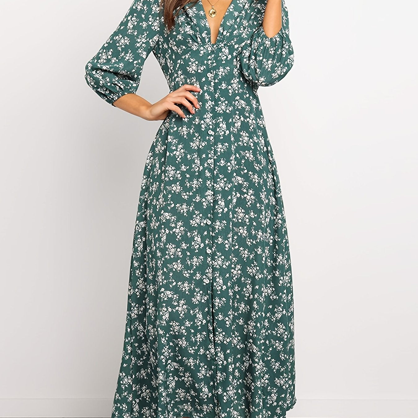 Women's Dirty Floral V Neck Long Sleeve Maxi Dress