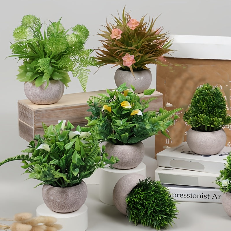 1pc Fake Potted Plants For Bathroom Home Office Decor Mini Artificial Plastic Faux Topiary Shrubs Fake Plants For Desk Decoration