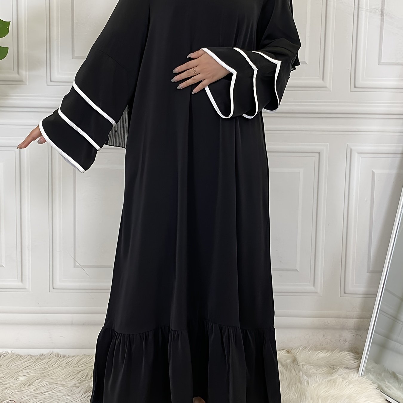 Women's Solid Muslim Petal Sleeve Crew Neck Loose Dress