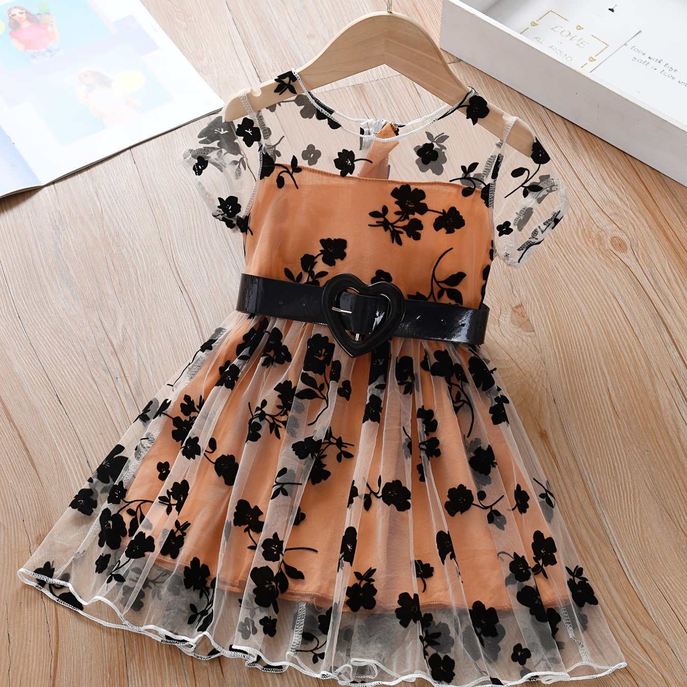 Girls Black Flower Embroidered Mesh Dress