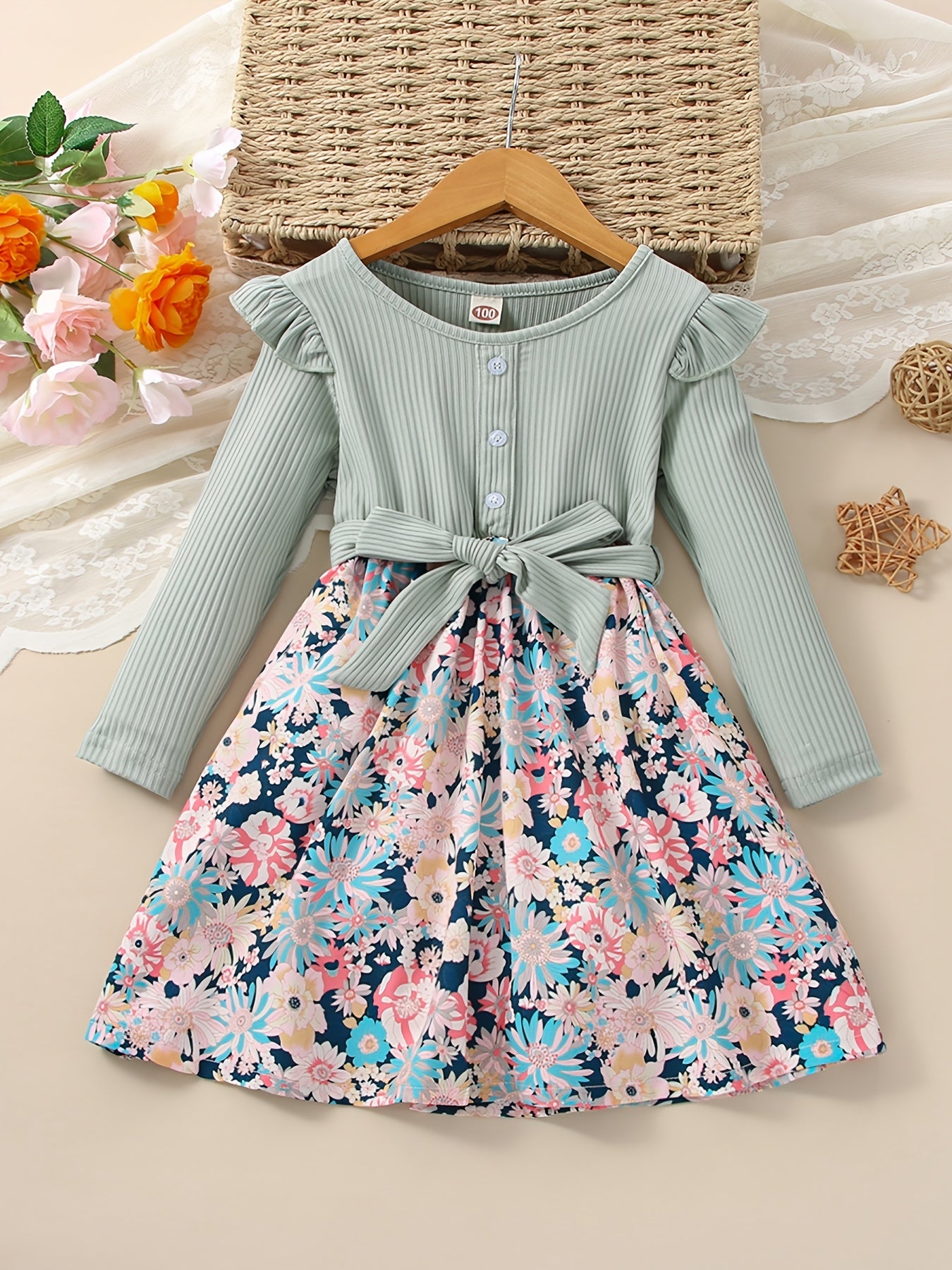 Girls Ruffle Button Flowers Print Splicing Dress - A Chic and Adorable Outfit