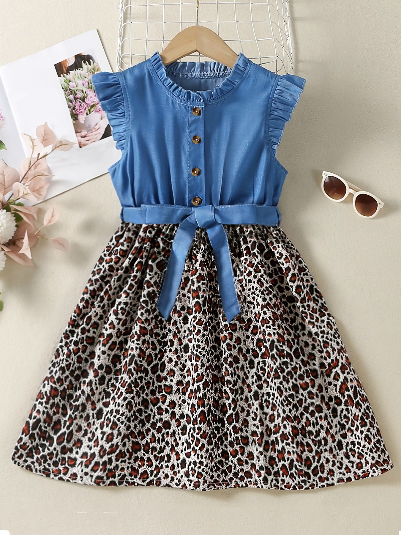 Sleeveless Ruffle Denim Leopard Print Splicing Princess Dress