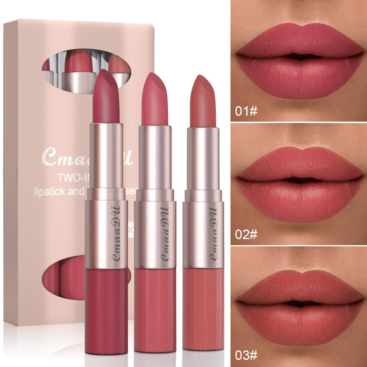 2-in-1 Lipstick and Lip Gloss Set: 3 Colors, Natural Matte Velvet Finish, Double Headed Dual Use, Long Lasting and Waterproof