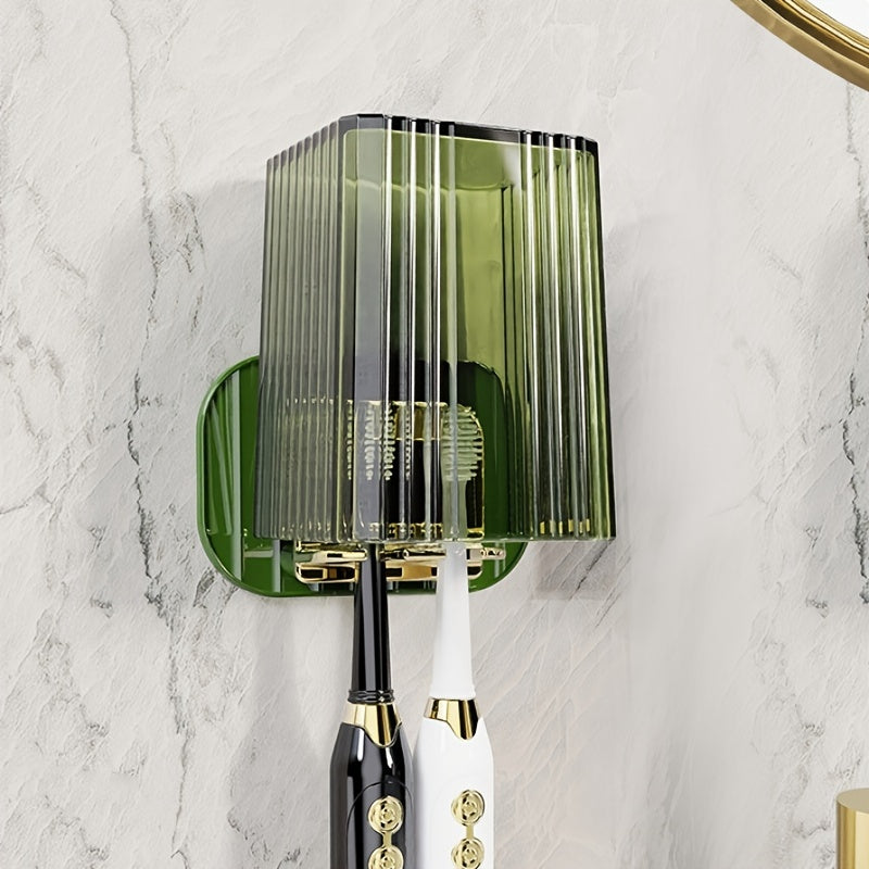 Wall-Mounted Toothbrush Cup Set - Punch-Free Bathroom Toilet Mouthwash Cup & Toothbrush Holder (Green and White)