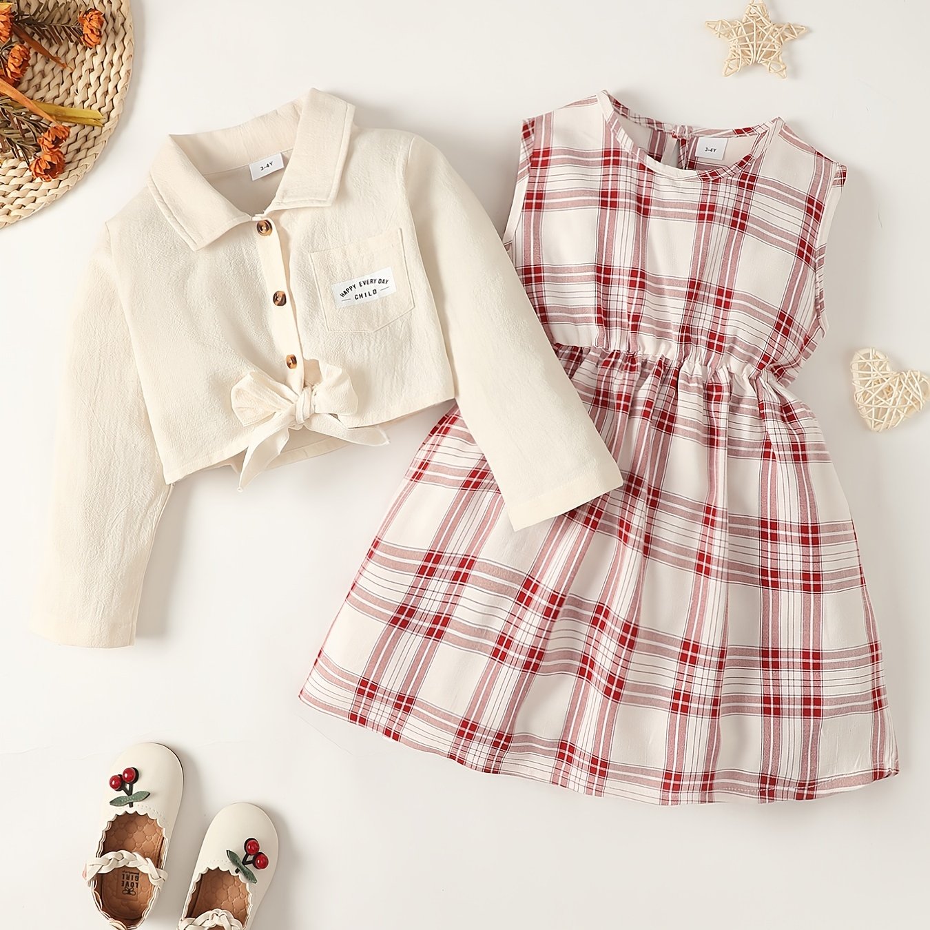 Adorable Long Sleeve Shirt Top & Plaid Dress Set
