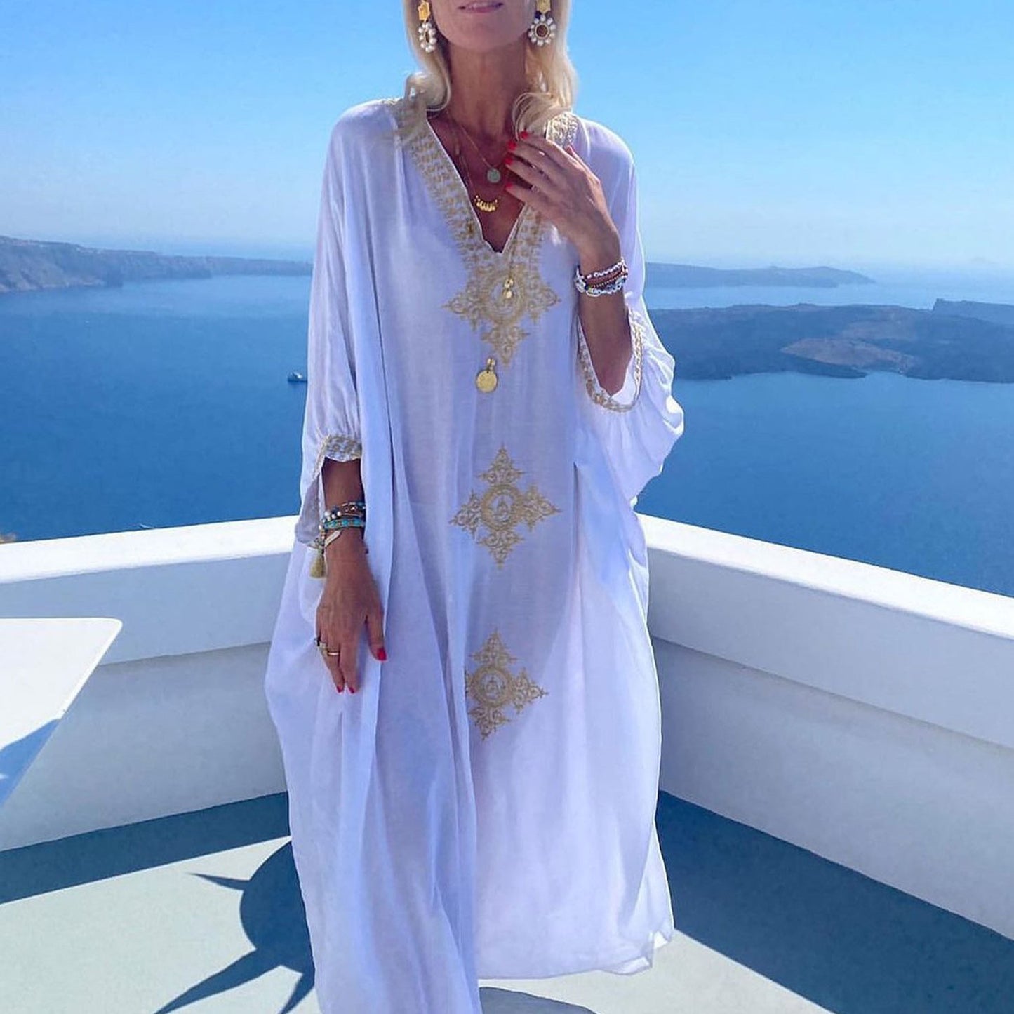 Women's Elegant Embroidered Retro V-neck White Dress