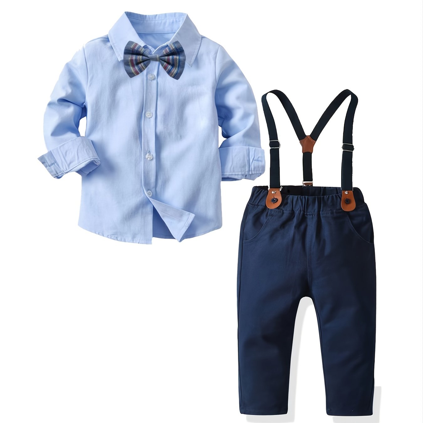 2pcs Boys Gentleman Bow Tie Sky Blue Shirt and Overalls Set