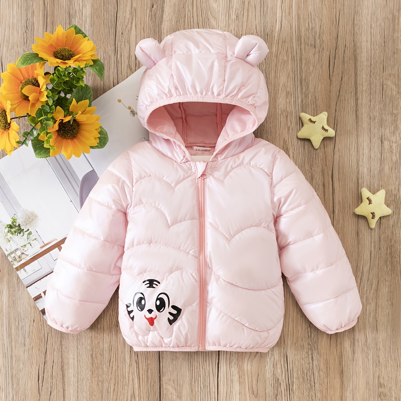 Children's Girls Cartoon Tiger Puffer Coat with Bear Ears