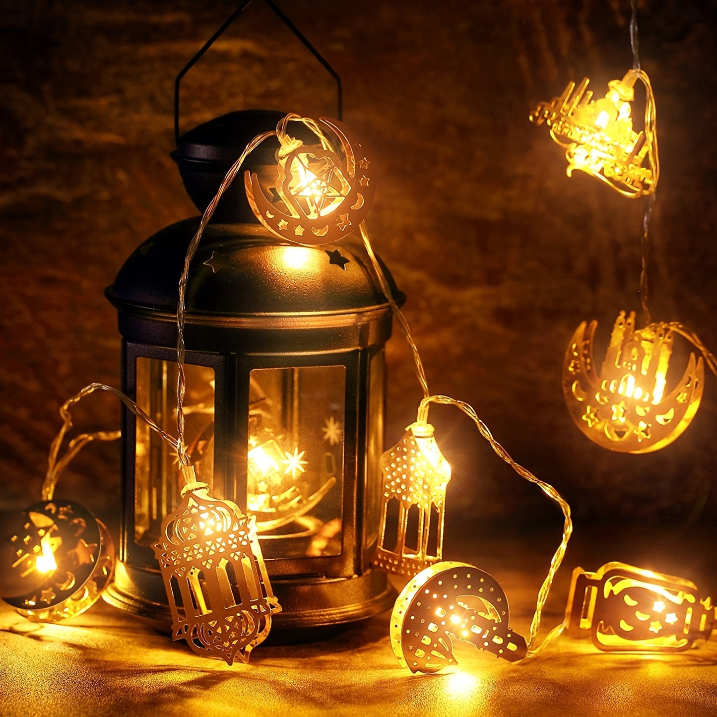 6.56 Feet 10 LEDs Eid Moon Star Kerosene Lantern Lamp, Battery Operated for Ramadan Outdoor Home Decoration Party Supplies, Ramadan Kareem, Holiday Accessory (Warm White Color)