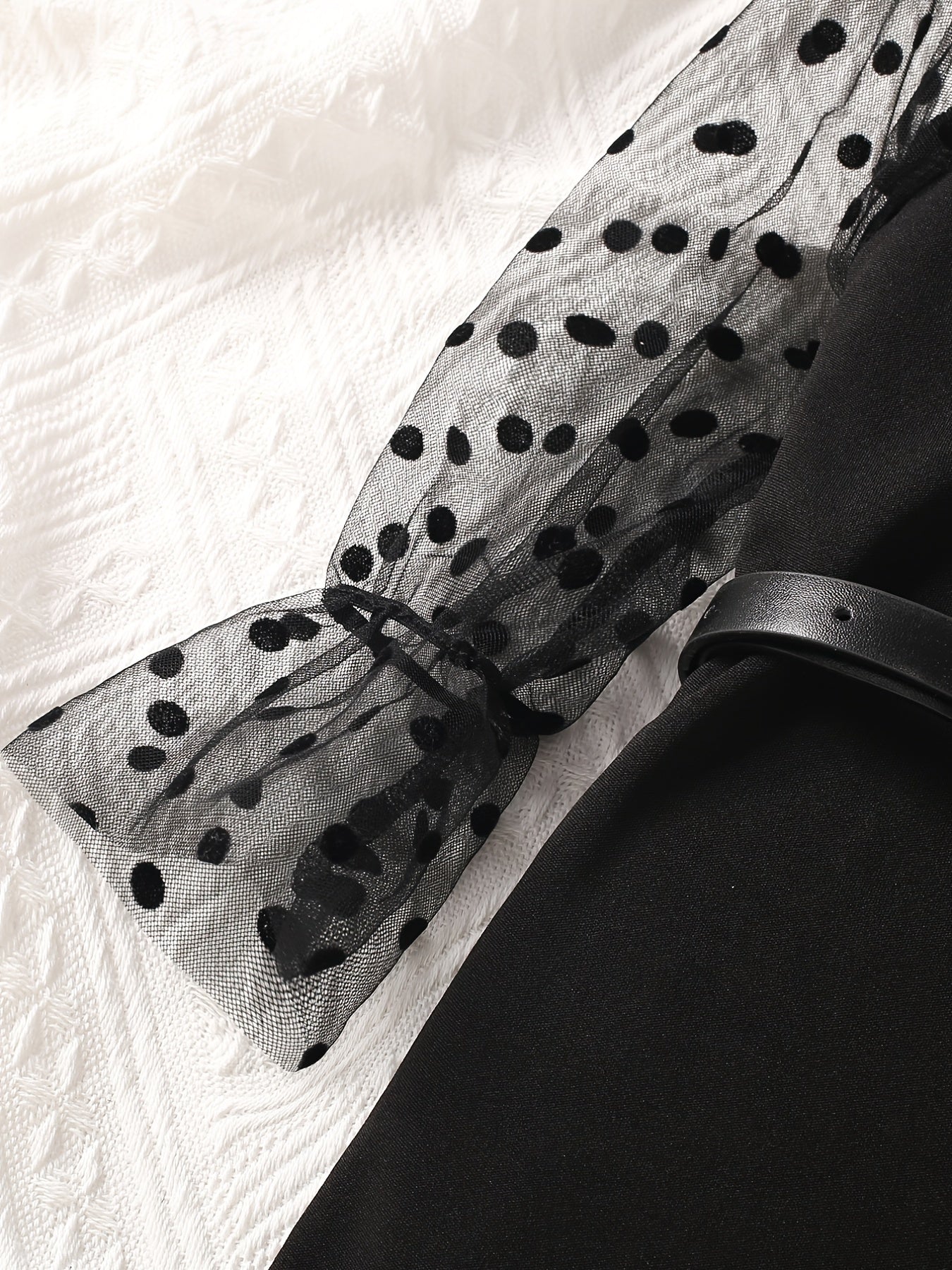 Girls Long Puff Sleeve Black Polka Dot Print Splicing Tulle Dress With Belt