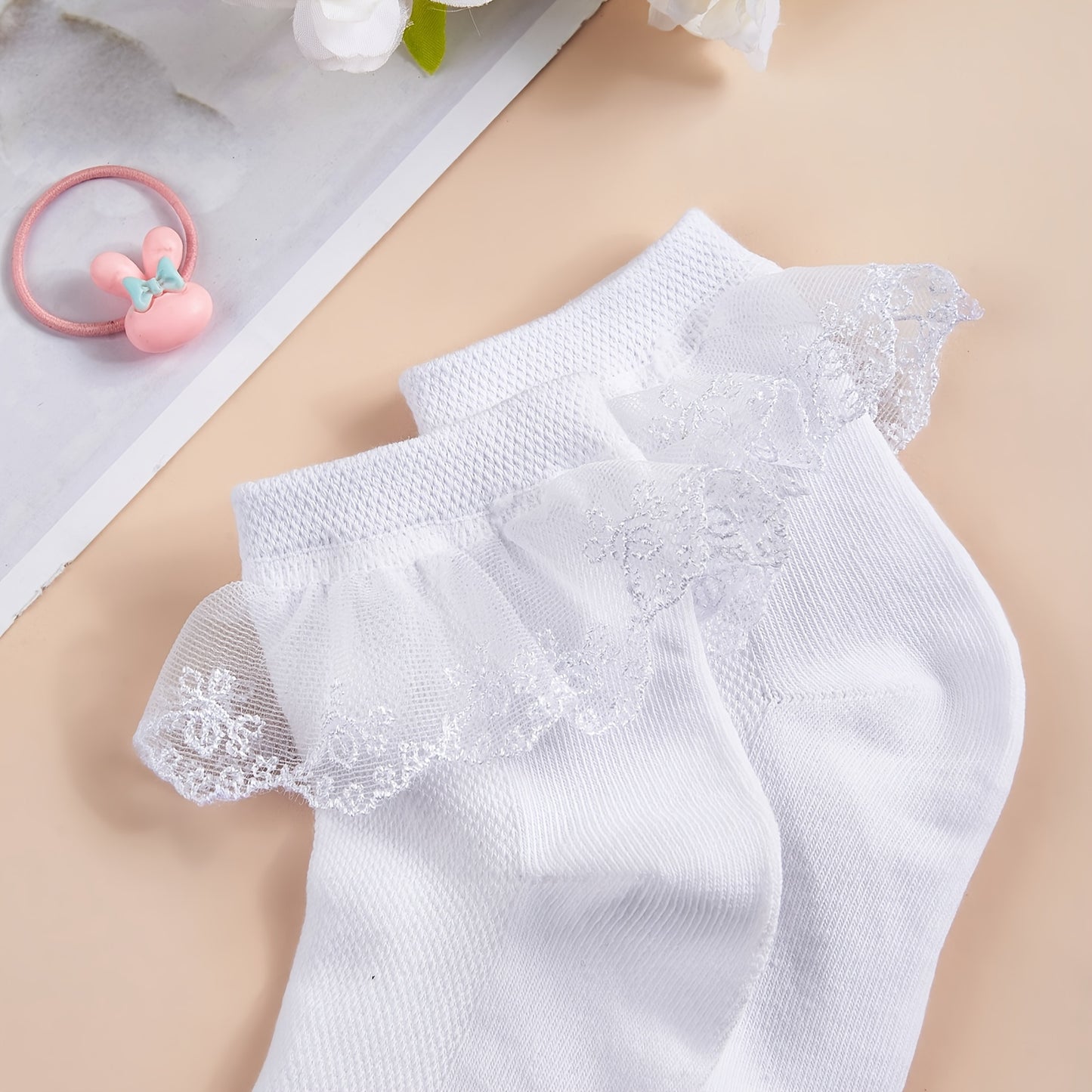 3pairs Girls Socks Solid Color Lace Ruffle Dance Crew Socks