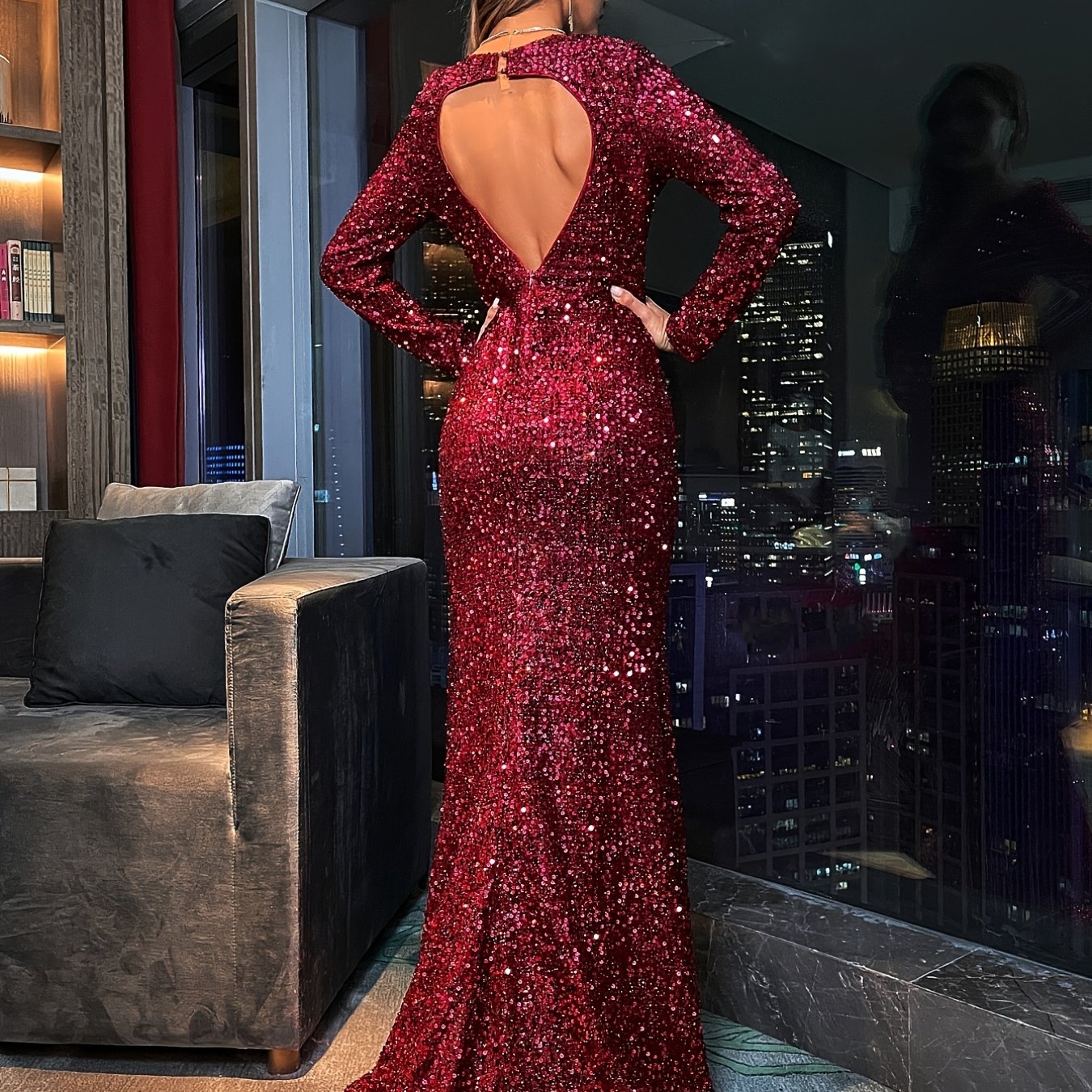Glamorous New Year Sequin Deep V Neck Maxi Dress