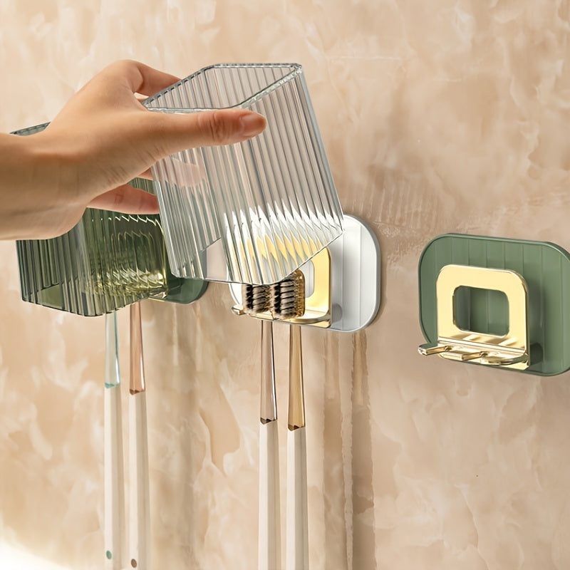 Wall-Mounted Toothbrush Cup Set - Punch-Free Bathroom Toilet Mouthwash Cup & Toothbrush Holder (Green and White)