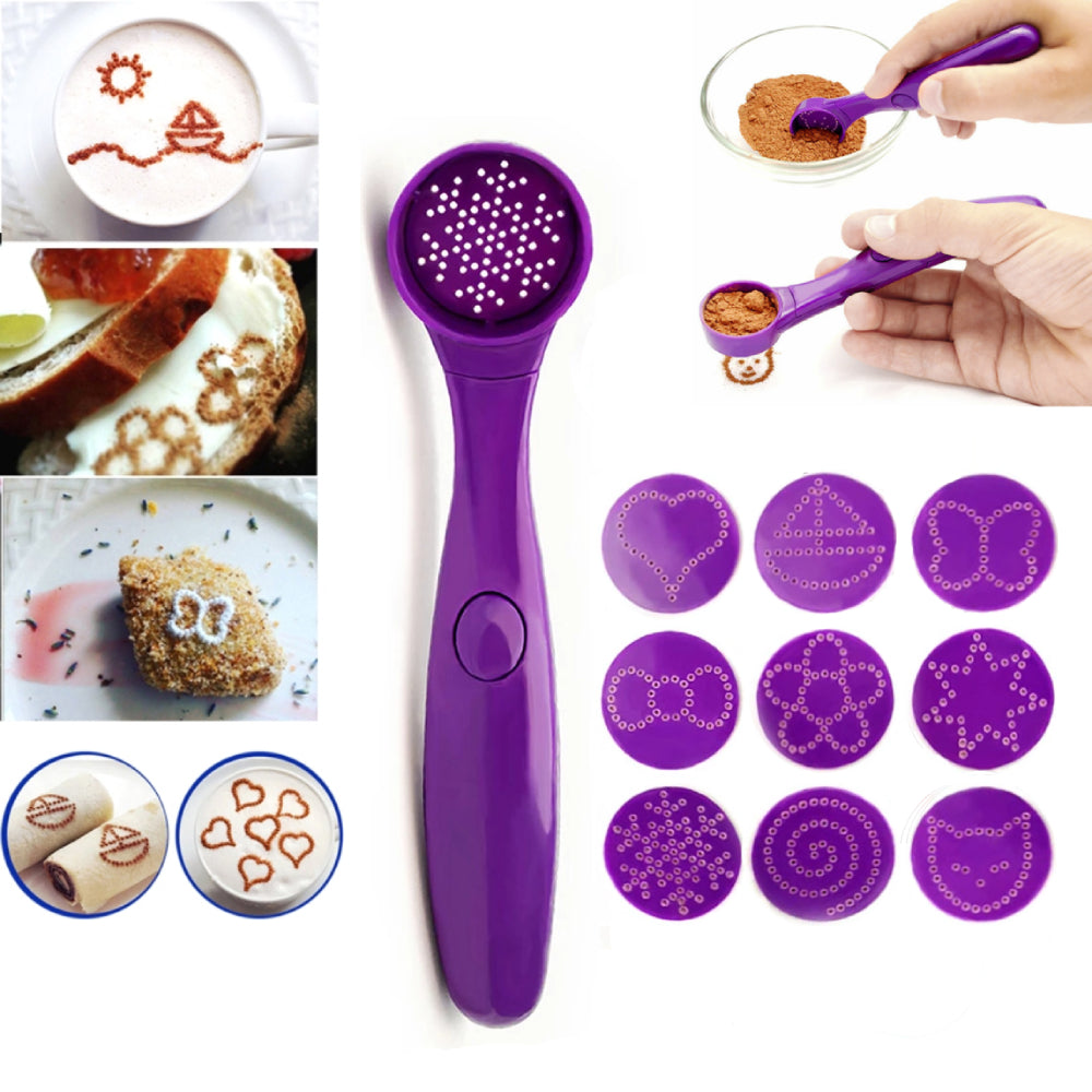 Electric Coffee Stencil Set - 9 Pattern Magic Spoon for Coffee Decoration and Cake Food Spoon