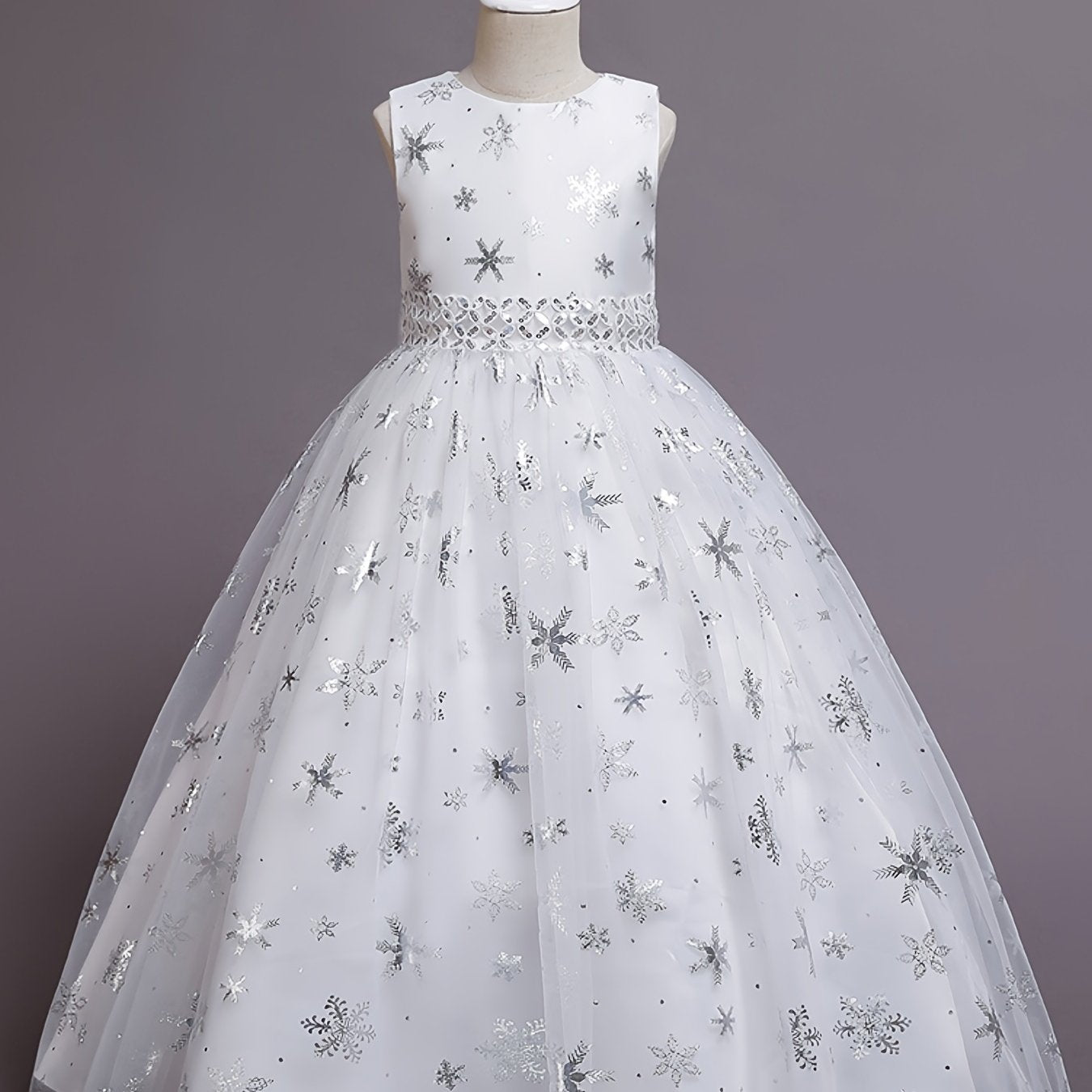 Girls Princess Dress with Mesh Hem and Snowflake Print