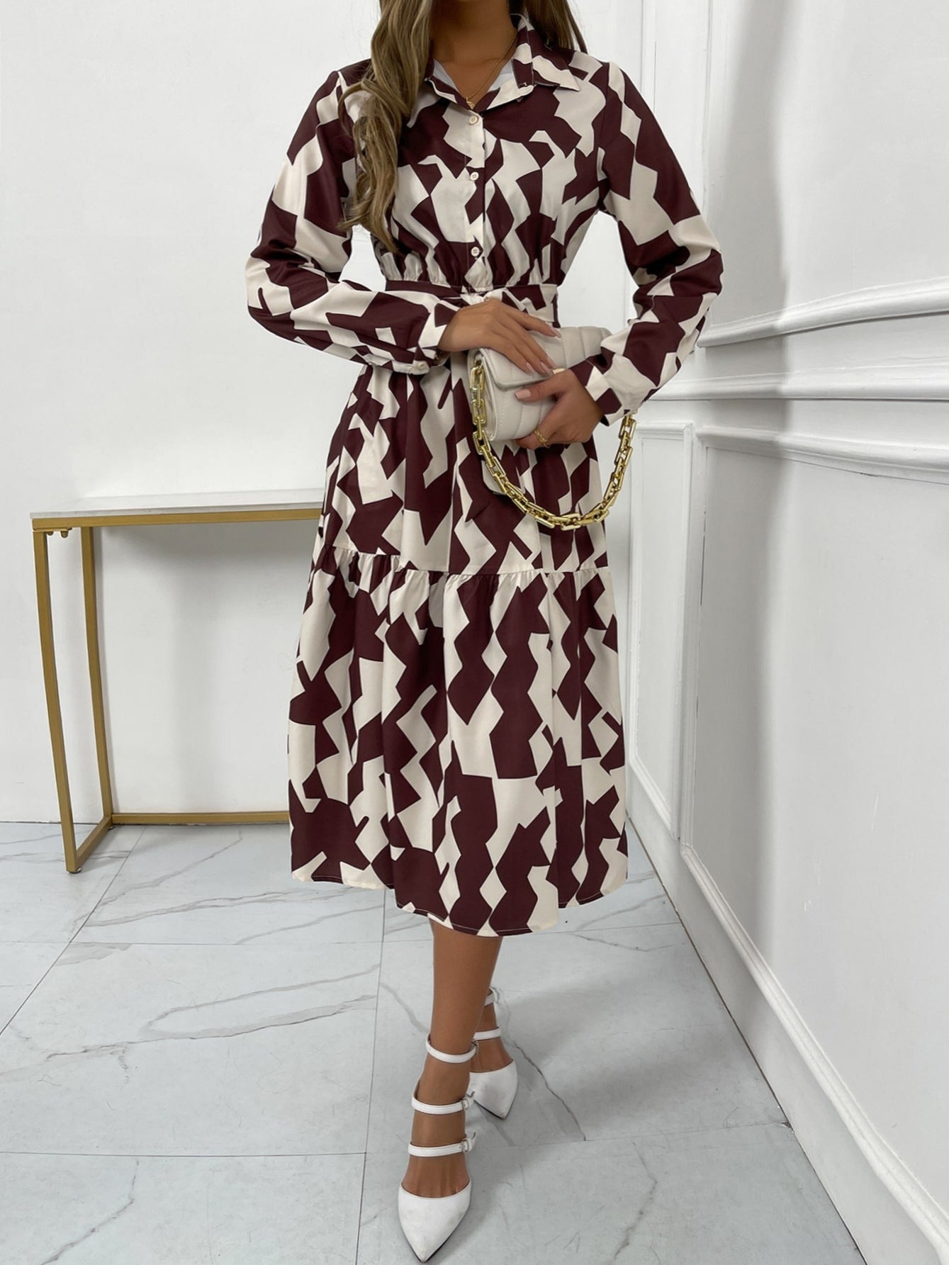 Geometric Print Elegant V-Neck Dress for Women
