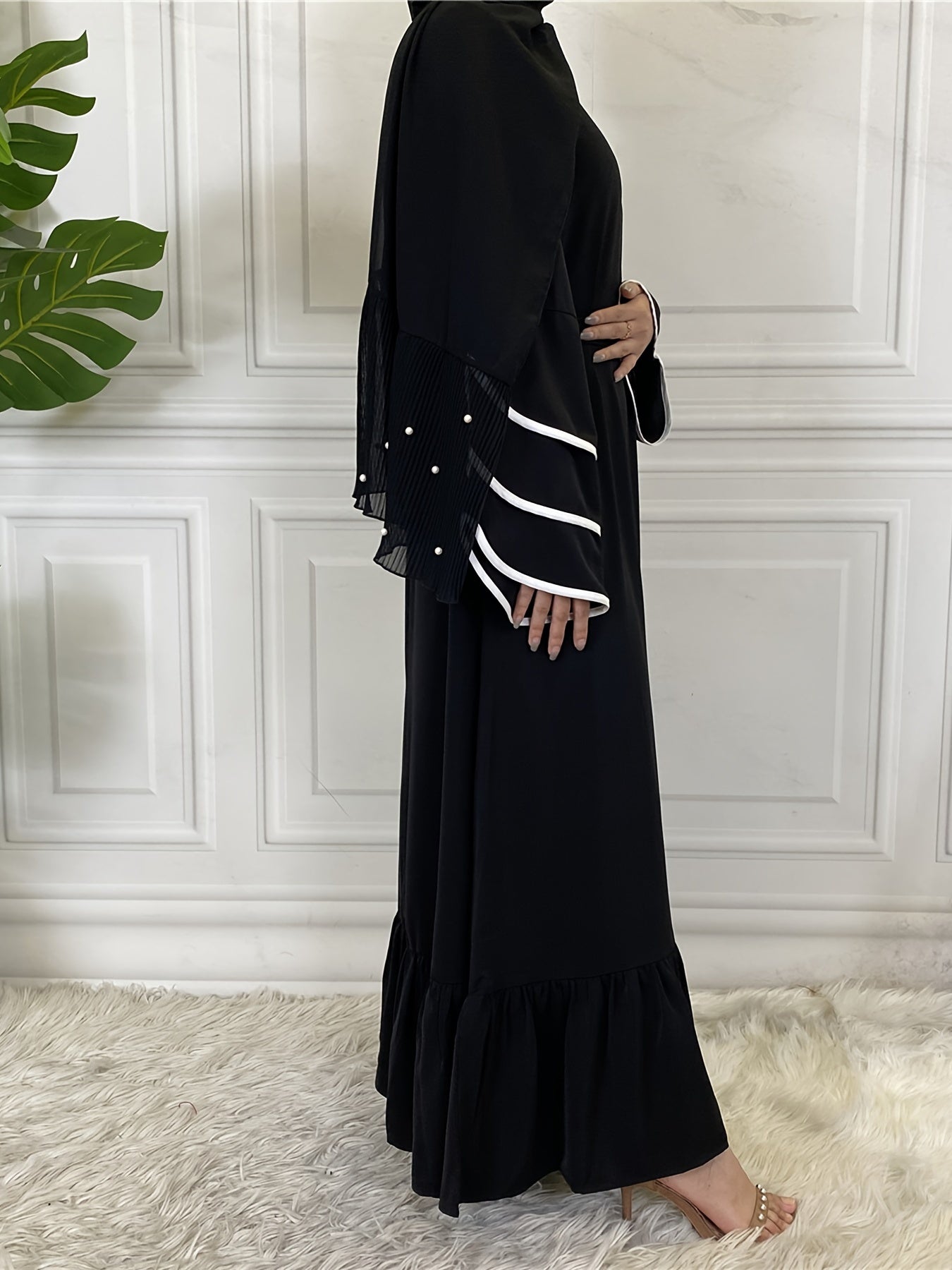 Women's Solid Muslim Petal Sleeve Crew Neck Loose Dress