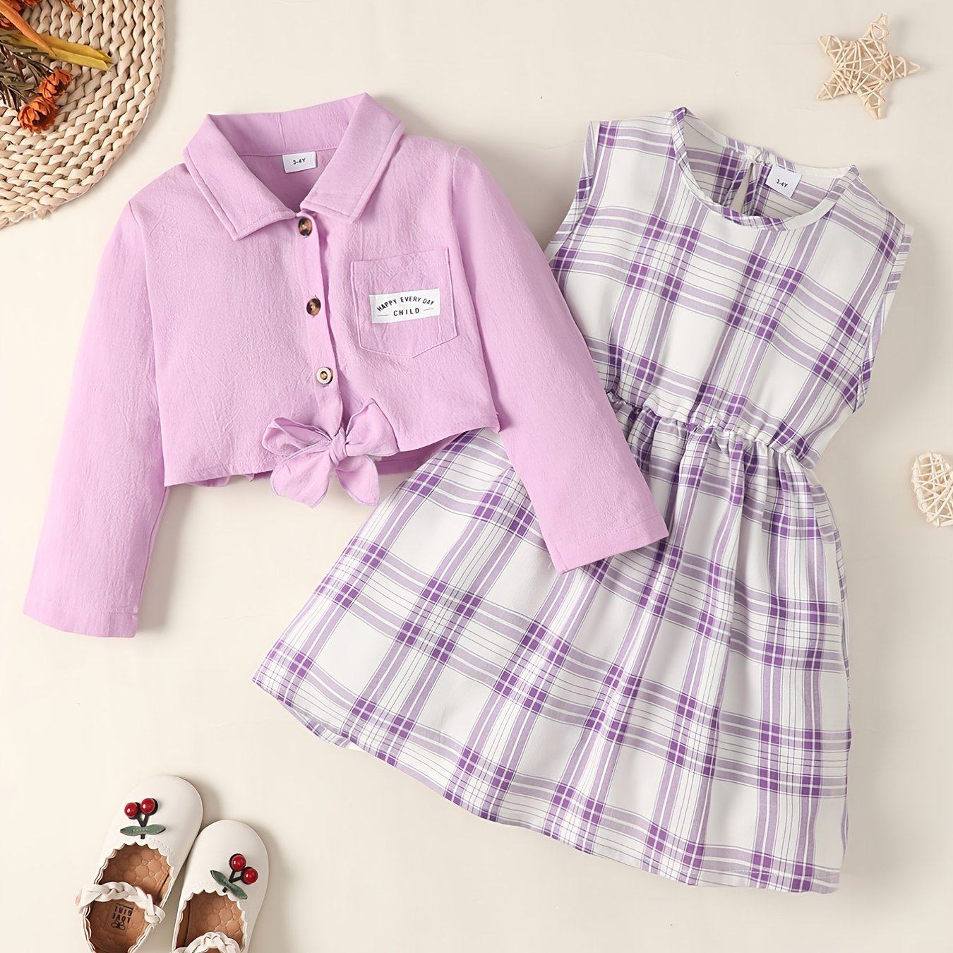 Girls Long Sleeve Shirt Top & Sleeveless Plaid Dress Set