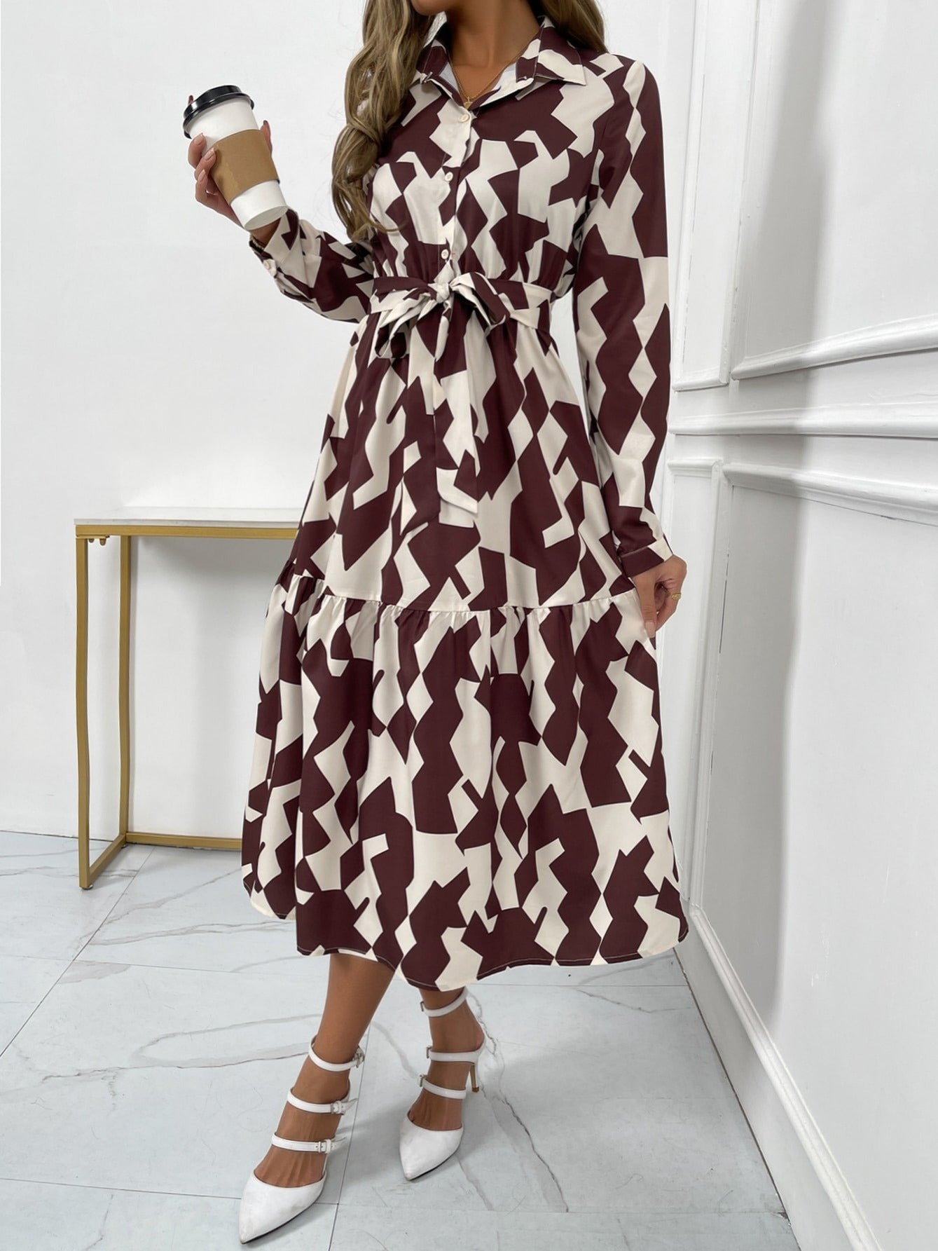 Geometric Print Elegant V-Neck Dress for Women