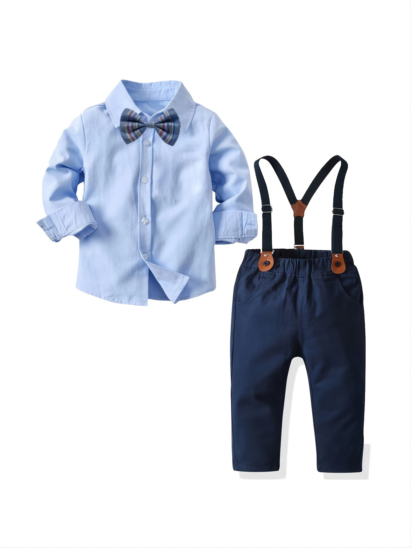 2pcs Boys Gentleman Bow Tie Sky Blue Shirt and Overalls Set