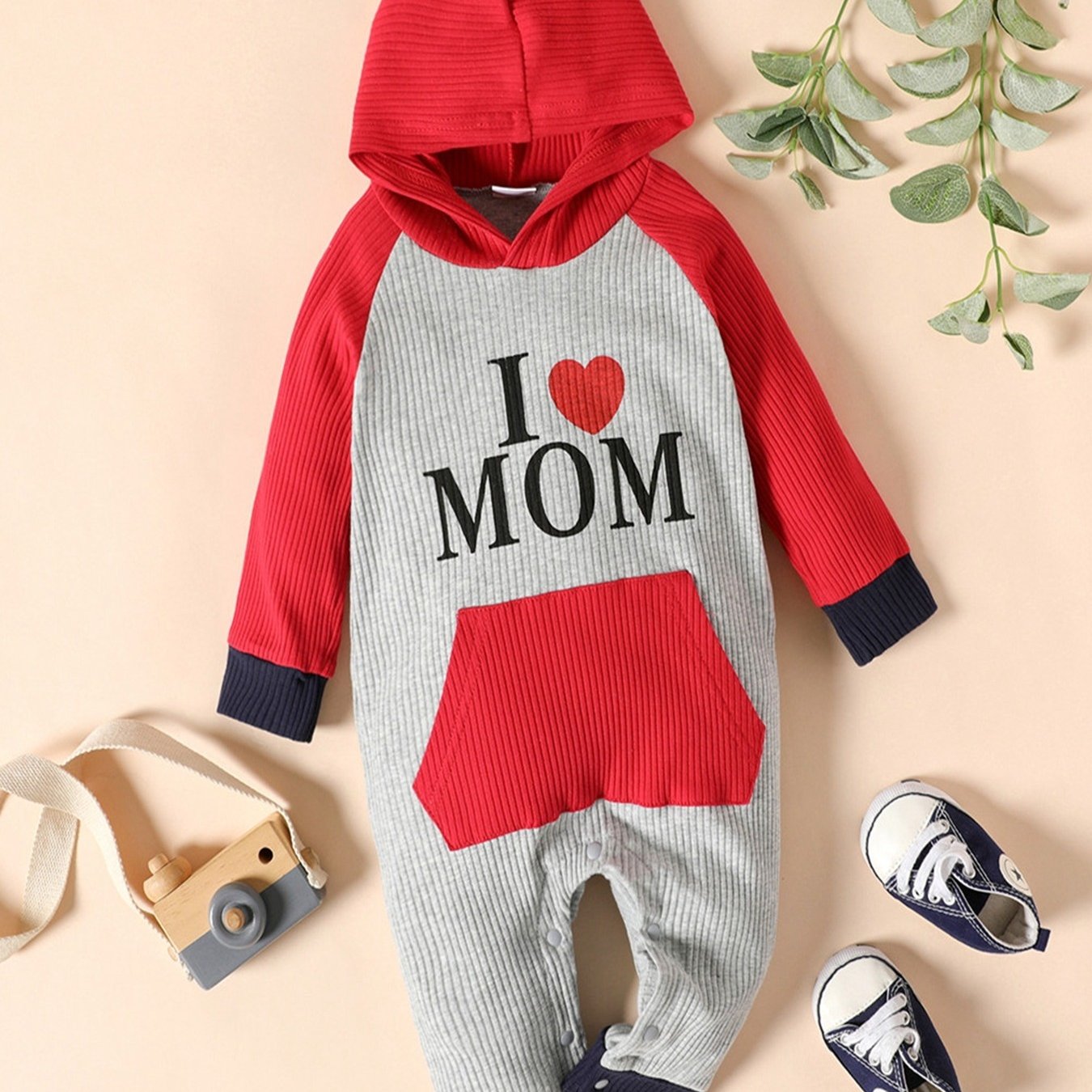 Baby Hooded Romper with Ribbed Letter Print