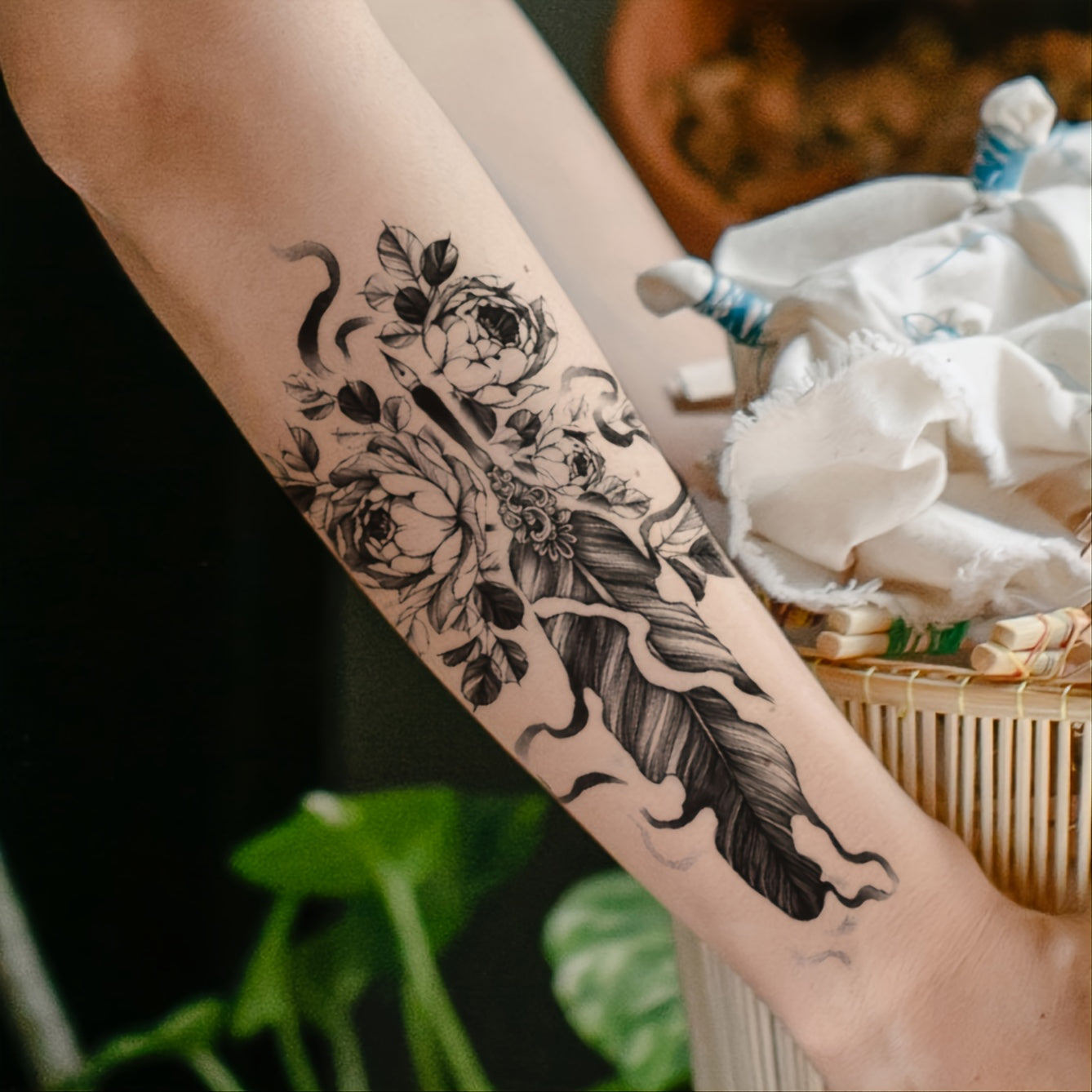 6-Piece Grass Print Pattern Big Flower Arm Tattoo Decals
