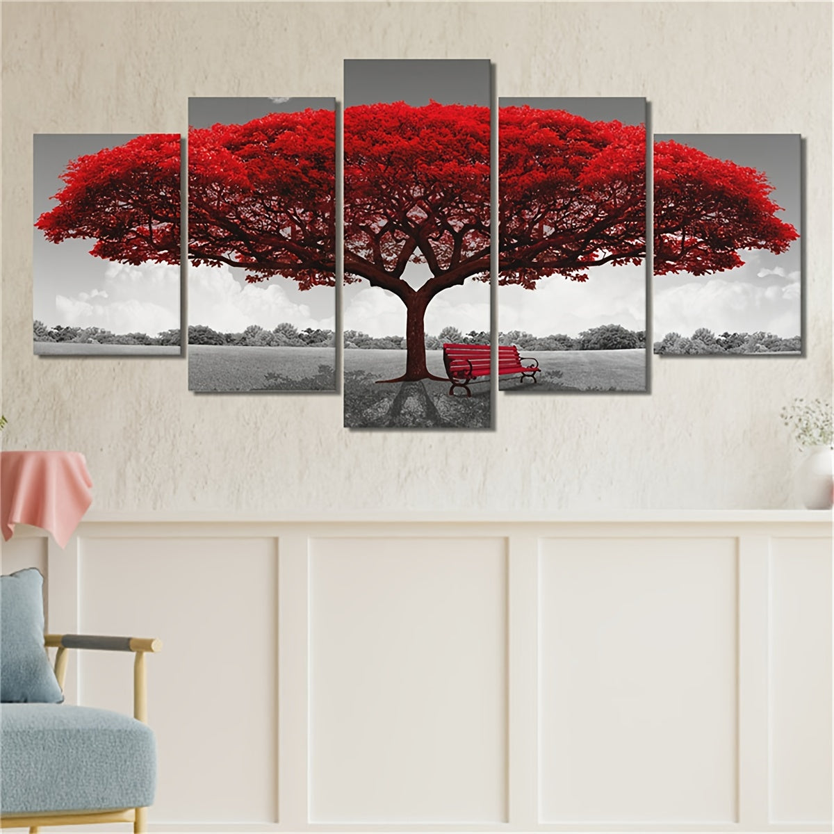 5pcs Frameless Red Benches Under The Big Tree Wall Art Painting Set