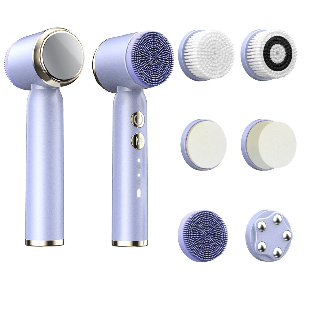 Electric Facial Cleansing Brush: Sonic Vibrating Face Scrubber with Hot/Cold Compress and 6 Brush Heads