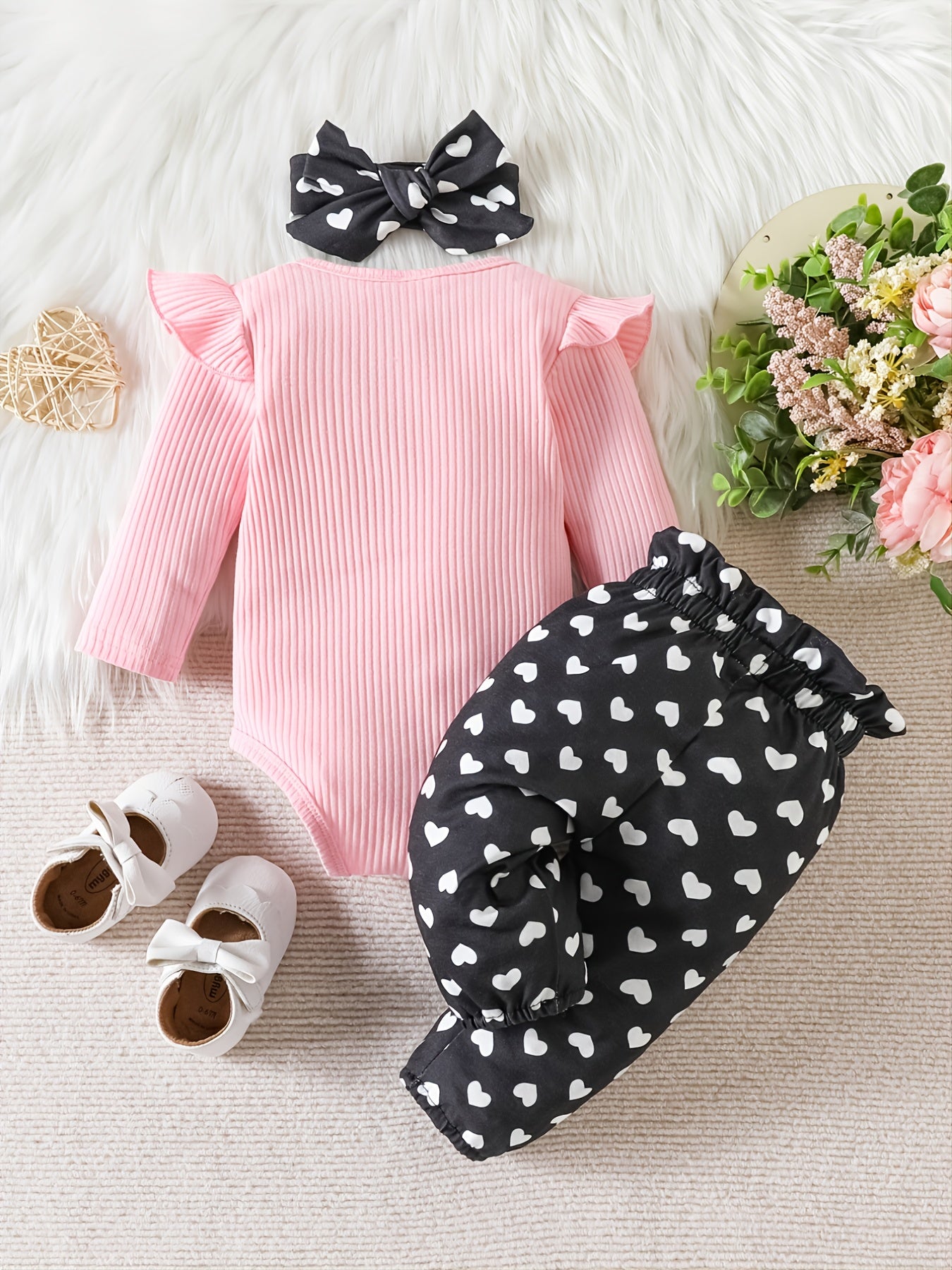 Baby Toddler Girls Cotton Long-Sleeve Bodysuits Romper + Heart Pattern Pants + Headband Outfit Sets Baby Clothes