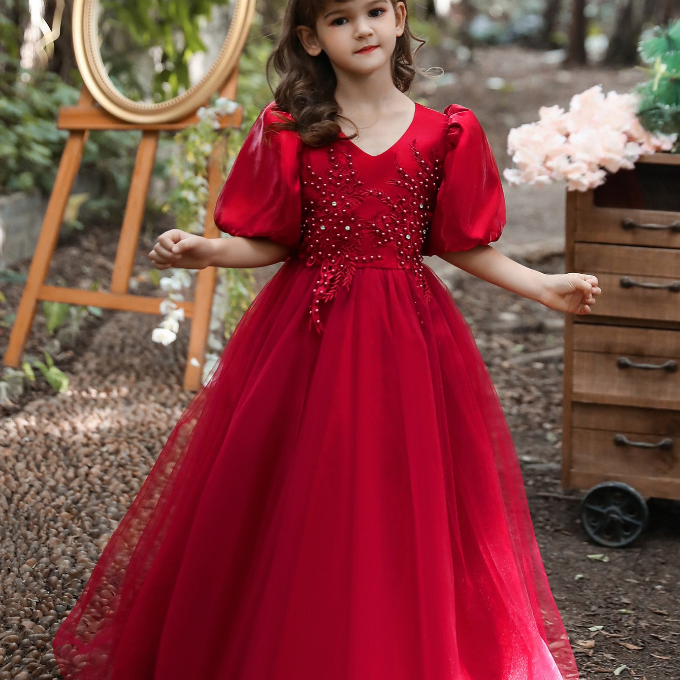 Elegant V-neck Puff Sleeve Embroidered Princess Dress