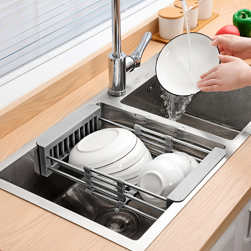 1pc Drain Rack, Stainless Steel Kitchen Basket, Home Dish Rack, Retractable Sink Shelf, 8.81*(11.22-18.5)*3.7in, Suitable For Rectangular Sink