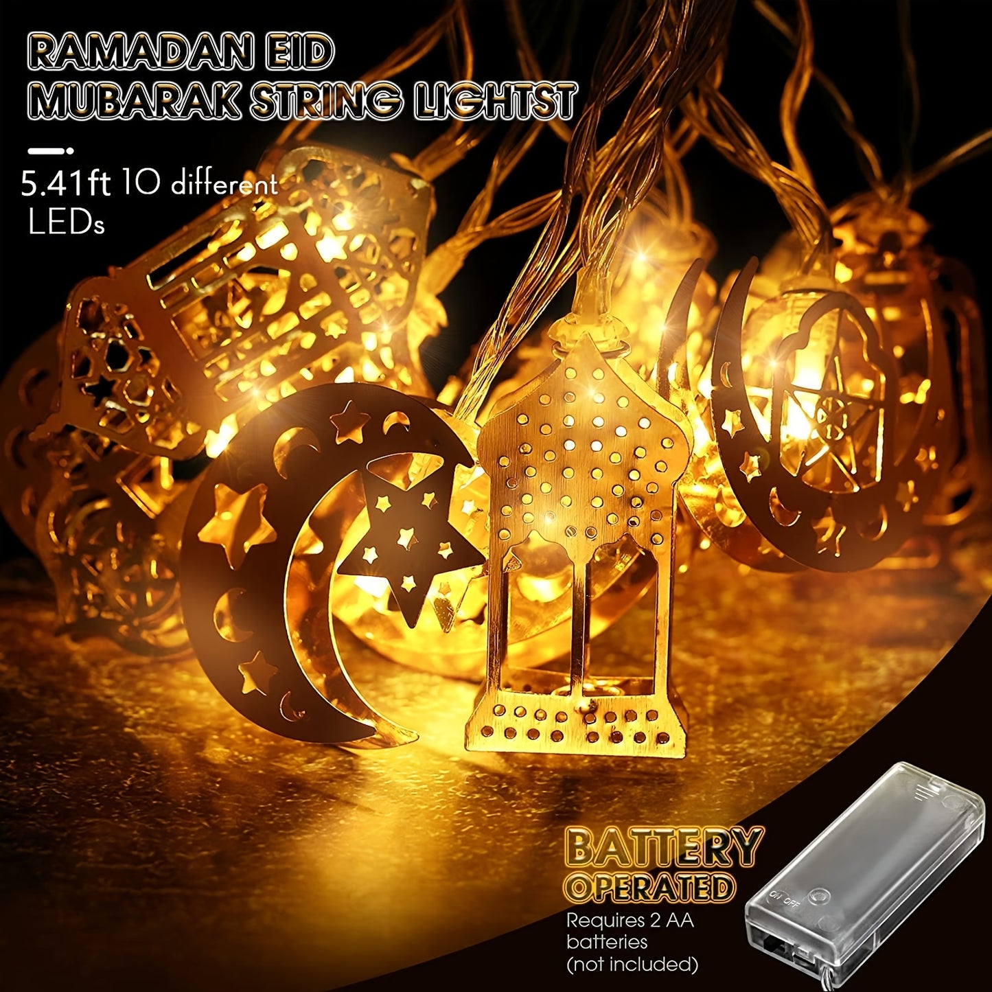 6.56 Feet 10 LEDs Eid Moon Star Kerosene Lantern Lamp, Battery Operated for Ramadan Outdoor Home Decoration Party Supplies, Ramadan Kareem, Holiday Accessory (Warm White Color)