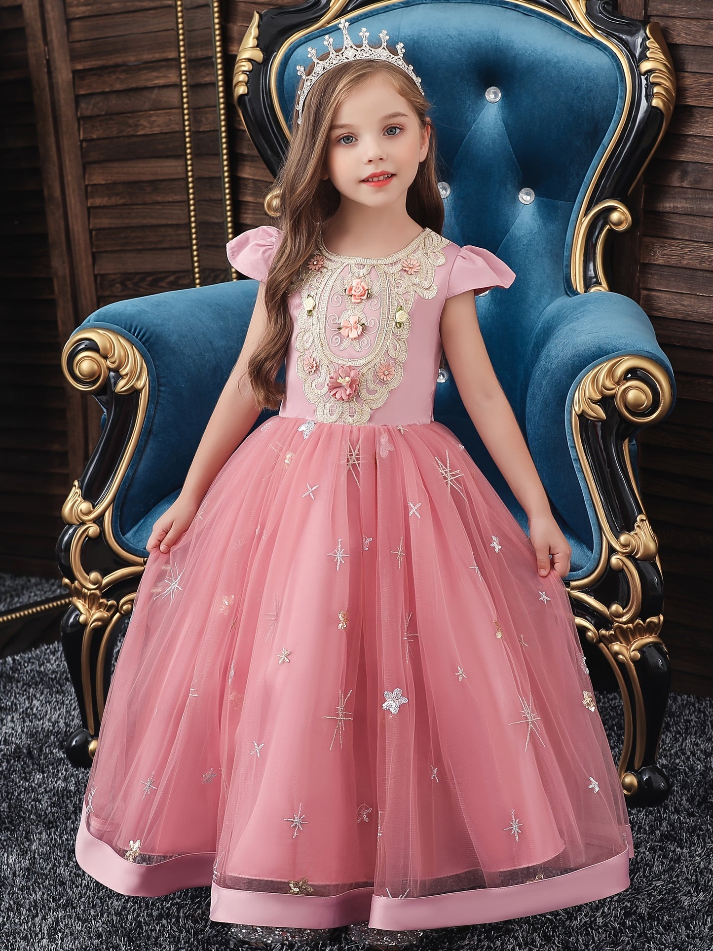 Girls Princess Short Sleeve Ruffled Tutu Dress with Flower Embroidery