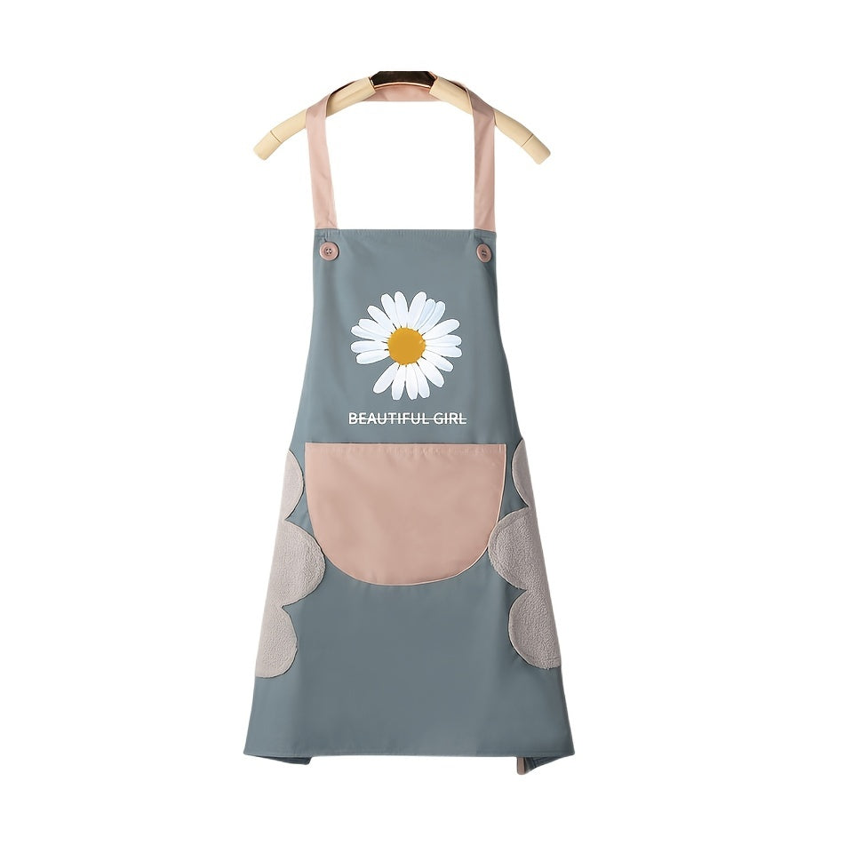1PC Home Apron With Daisy Print, Adjustable Cooking Aprons, Waterproof And Oil-proof, Water-drop With 1 Big Pockets, Bib Aprons
