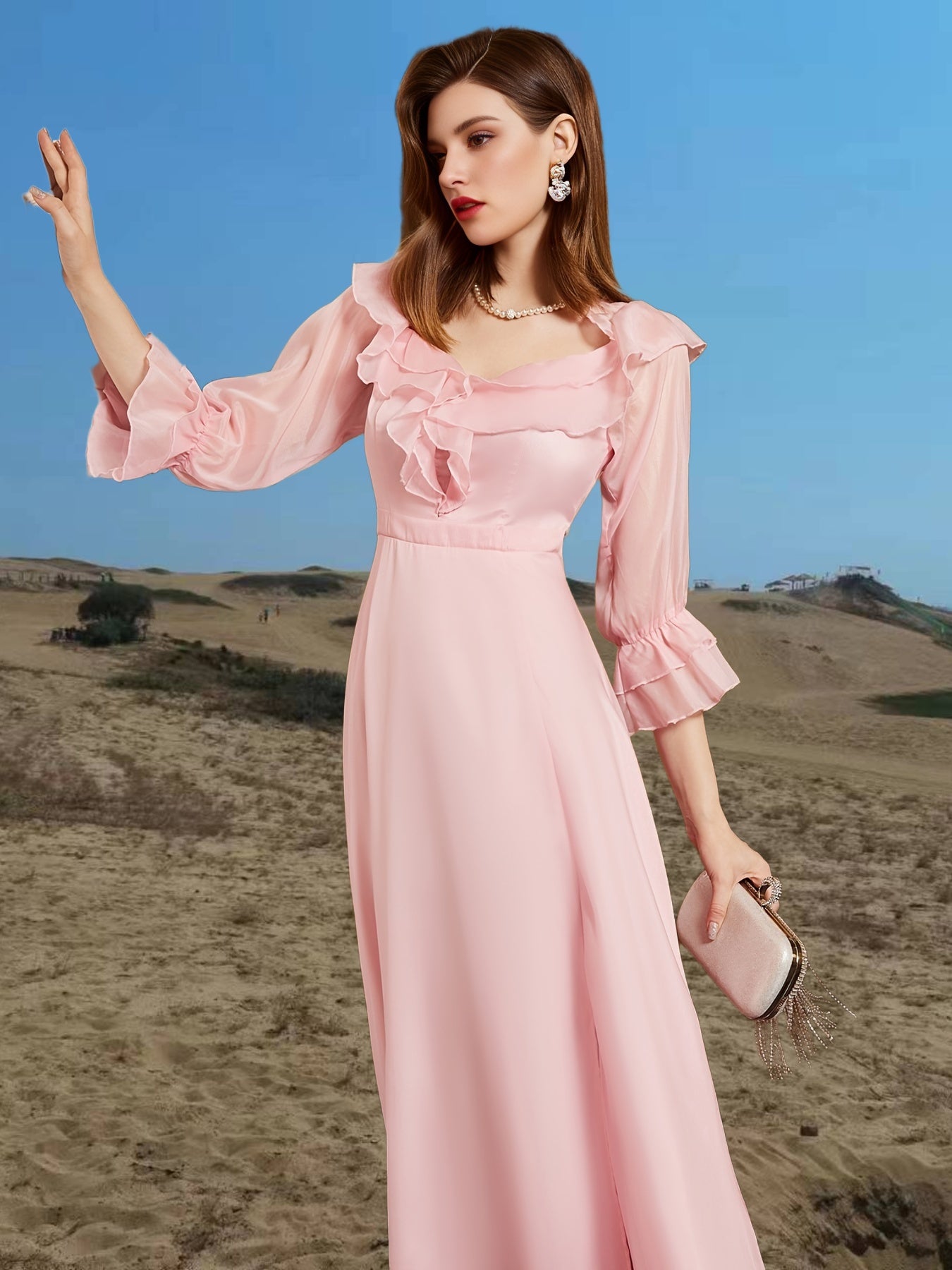Valentine's Day Square Collar Solid Party Dress, Ruffles Elegant Formal Evening Prom Dress, Women's Clothing
