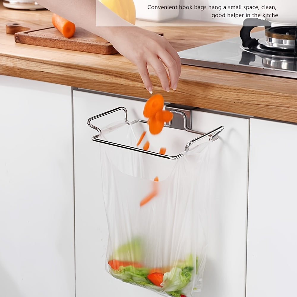 1pc Large Stainless Steel Trash Bag Holder For Kitchen Cabinets Doors And Cupboards, Black Silvery