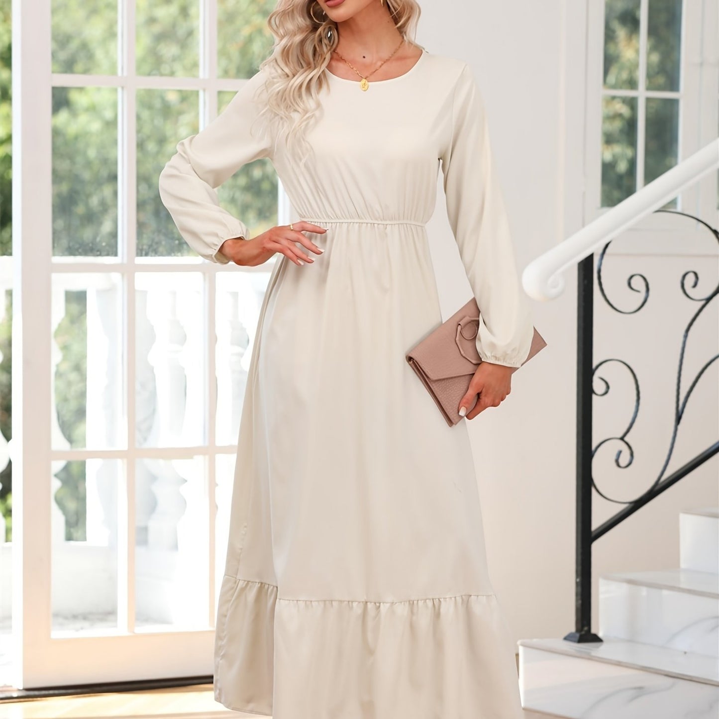 Casual Long Sleeve Solid Elastic Waist Ruffle Hem Party Dress for Women