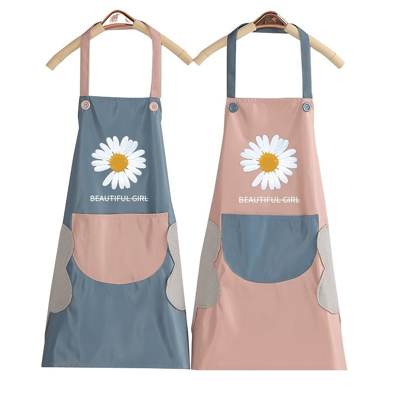 1PC Home Apron With Daisy Print, Adjustable Cooking Aprons, Waterproof And Oil-proof, Water-drop With 1 Big Pockets, Bib Aprons