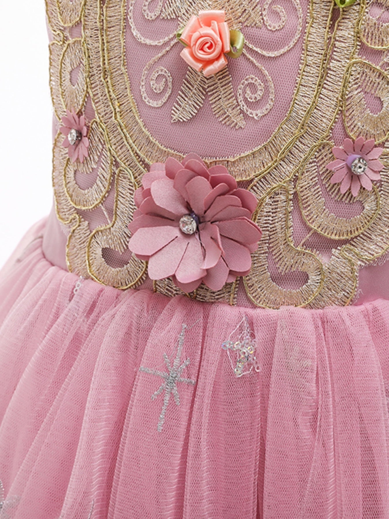 Girls Princess Short Sleeve Ruffled Tutu Dress with Flower Embroidery