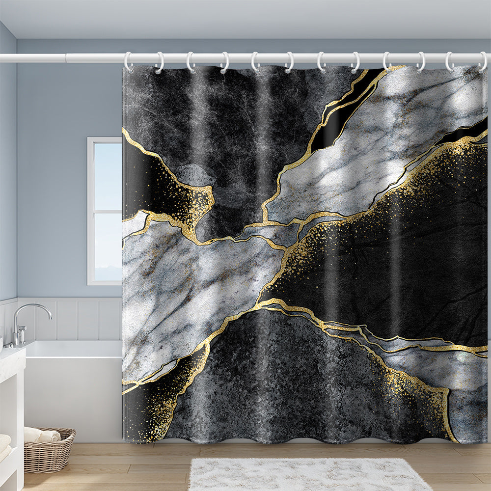 1pc Gray Golden Marble Shower Curtain Set, Bathroom Decor, Abstract Modern Shower Curtain, Luxury Standard Shower Curtain For Bathtub, Waterproof Washable Fabric Shower Curtain, With 12 Plastic Hooks