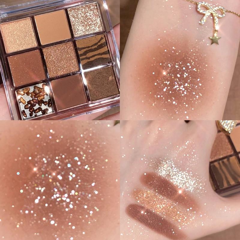 9 Colors Matte and Glitter Eyeshadow Palette with Pearlescent and Acrylic Transparent Shades